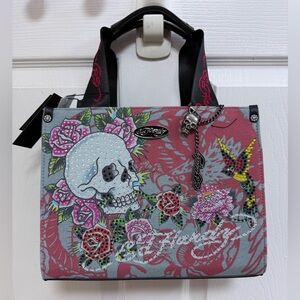 NWT Ed Hardy Denim and Red Tote with Skull Design